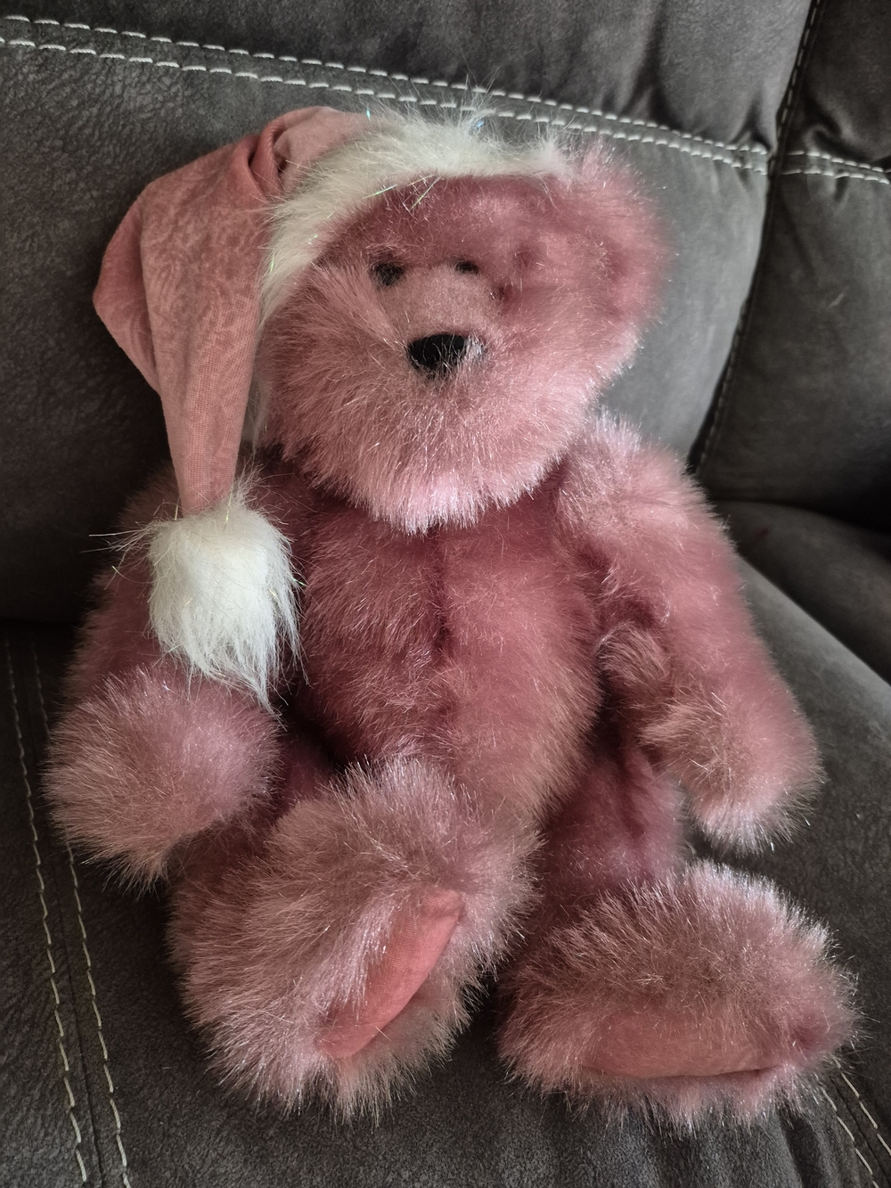 Vintage RUSS Plush Pink Teddy Bear with Santa Hat